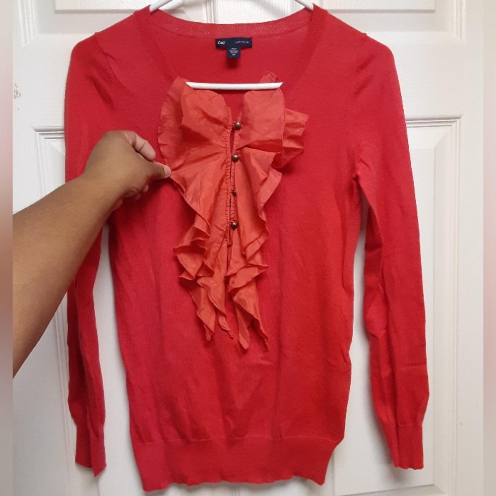 GAP Womens Lightweight Long Sleeve Ruffled Front Cotton Silk Blend Coral Sweater